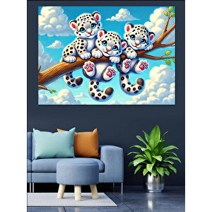 Bulutlar Üstünde Tatlı Leoparlar Dekoratif Kanvas - Mdf Ahşap Tablo