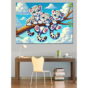 Bulutlar Üstünde Tatlı Leoparlar Dekoratif Kanvas - Mdf Ahşap Tablo 100x140 cm