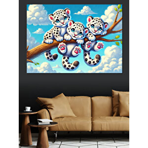 Bulutlar Üstünde Tatlı Leoparlar Dekoratif Kanvas - Mdf Ahşap Tablo 100x140 cm