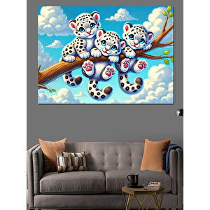 Bulutlar Üstünde Tatlı Leoparlar Dekoratif Kanvas - Mdf Ahşap Tablo