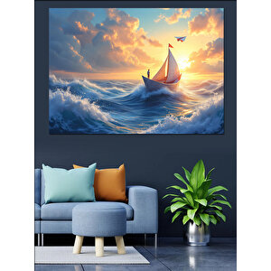 Gün Batımında Yelkenli Gemi Dekoratif Kanvas - Mdf Ahşap Tablo 100x140 cm