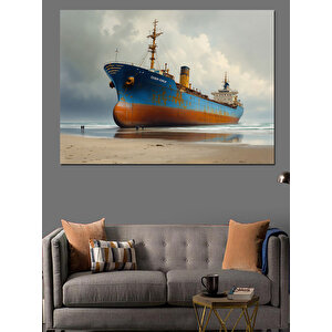 Kumsalda Büyük Kargo Gemisi Dekoratif Kanvas - Mdf Ahşap Tablo 25x35 cm