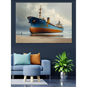 Kumsalda Büyük Kargo Gemisi Dekoratif Kanvas - Mdf Ahşap Tablo