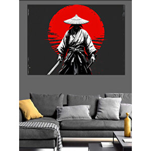 Kırmızı Güneşli Samuray Silüeti Dekoratif Kanvas - Mdf Ahşap Tablo 70x100 cm