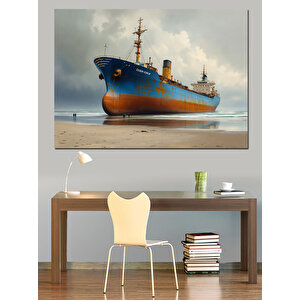 Kumsalda Büyük Kargo Gemisi Dekoratif Kanvas - Mdf Ahşap Tablo 50x70 cm