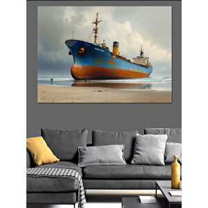 Kumsalda Büyük Kargo Gemisi Dekoratif Kanvas - Mdf Ahşap Tablo 35x50 cm