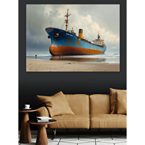 Kumsalda Büyük Kargo Gemisi Dekoratif Kanvas - Mdf Ahşap Tablo