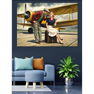Retro Uçak Ve Çift Dekoratif Kanvas - Mdf Ahşap Tablo 25x35 cm