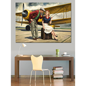 Retro Uçak Ve Çift Dekoratif Kanvas - Mdf Ahşap Tablo
