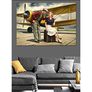Retro Uçak Ve Çift Dekoratif Kanvas - Mdf Ahşap Tablo