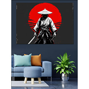 Kırmızı Güneşli Samuray Silüeti Dekoratif Kanvas - Mdf Ahşap Tablo