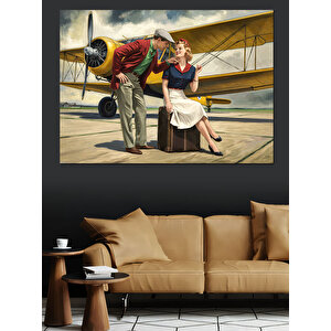 Retro Uçak Ve Çift Dekoratif Kanvas - Mdf Ahşap Tablo 35x50 cm