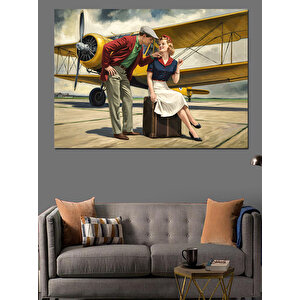 Retro Uçak Ve Çift Dekoratif Kanvas - Mdf Ahşap Tablo 50x70 cm