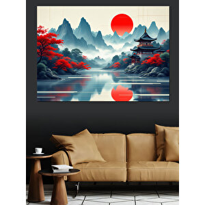 Kırmızı Güneşli Dağlar Dekoratif Kanvas - Mdf Ahşap Tablo