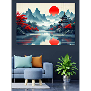 Kırmızı Güneşli Dağlar Dekoratif Kanvas - Mdf Ahşap Tablo
