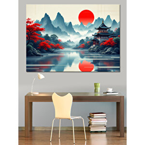 Kırmızı Güneşli Dağlar Dekoratif Kanvas - Mdf Ahşap Tablo 35x50 cm