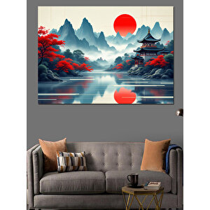 Kırmızı Güneşli Dağlar Dekoratif Kanvas - Mdf Ahşap Tablo 100x140 cm