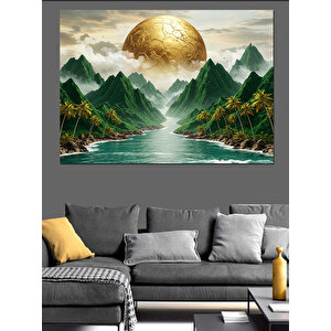 Altın Güneşli Dağ Manzarası Dekoratif Kanvas - Mdf Ahşap Tablo 70x100 cm