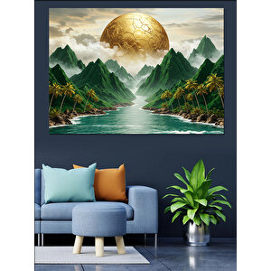 Altın Güneşli Dağ Manzarası Dekoratif Kanvas - Mdf Ahşap Tablo 70x100 cm
