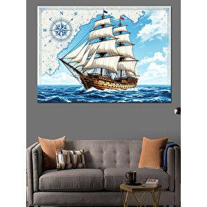 Yelken Açmış Beyaz Gemi Dekoratif Kanvas - Mdf Ahşap Tablo 100x140 cm