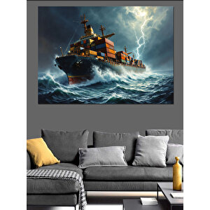 Fırtınada Kargo Gemisi Dekoratif Kanvas - Mdf Ahşap Tablo