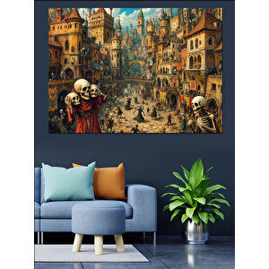Kalabalık Ortaçağ Şehri Dekoratif Kanvas - Mdf Ahşap Tablo 25x35 cm
