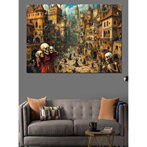 Kalabalık Ortaçağ Şehri Dekoratif Kanvas - Mdf Ahşap Tablo 70x100 cm