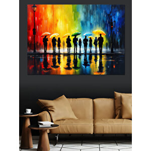 Renkli Yağmurlu Siluet Kalabalık Dekoratif Kanvas - Mdf Ahşap Tablo 50x70 cm