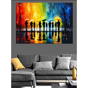 Renkli Yağmurlu Siluet Kalabalık Dekoratif Kanvas - Mdf Ahşap Tablo