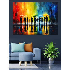 Renkli Yağmurlu Siluet Kalabalık Dekoratif Kanvas - Mdf Ahşap Tablo 25x35 cm