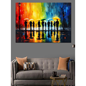 Renkli Yağmurlu Siluet Kalabalık Dekoratif Kanvas - Mdf Ahşap Tablo 25x35 cm