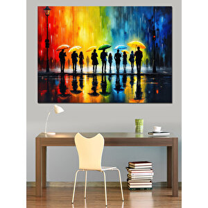 Renkli Yağmurlu Siluet Kalabalık Dekoratif Kanvas - Mdf Ahşap Tablo