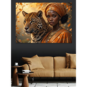 Leopar Ve Türbanlı Kadın Dekoratif Kanvas - Mdf Ahşap Tablo 50x70 cm