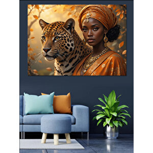 Leopar Ve Türbanlı Kadın Dekoratif Kanvas - Mdf Ahşap Tablo 50x70 cm