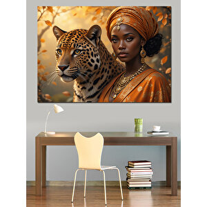 Leopar Ve Türbanlı Kadın Dekoratif Kanvas - Mdf Ahşap Tablo