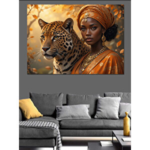 Leopar Ve Türbanlı Kadın Dekoratif Kanvas - Mdf Ahşap Tablo