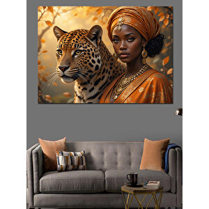 Leopar Ve Türbanlı Kadın Dekoratif Kanvas - Mdf Ahşap Tablo 100x140 cm