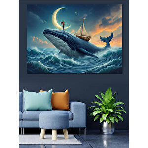 Ay Işığında Balina Ve Gemi Dekoratif Kanvas - Mdf Ahşap Tablo 35x50 cm
