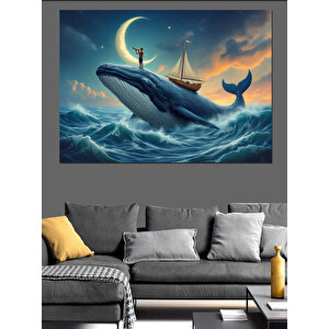 Ay Işığında Balina Ve Gemi Dekoratif Kanvas - Mdf Ahşap Tablo