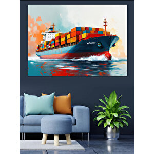 Renkli Konteyner Taşıyan Gemi Dekoratif Kanvas - Mdf Ahşap Tablo 50x70 cm