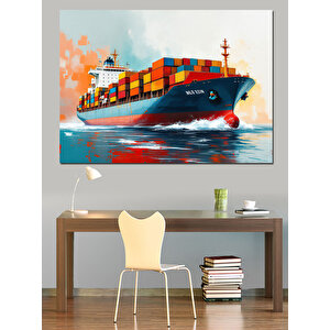 Renkli Konteyner Taşıyan Gemi Dekoratif Kanvas - Mdf Ahşap Tablo 50x70 cm