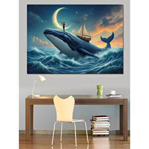 Ay Işığında Balina Ve Gemi Dekoratif Kanvas - Mdf Ahşap Tablo 100x140 cm
