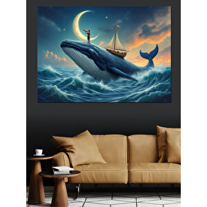 Ay Işığında Balina Ve Gemi Dekoratif Kanvas - Mdf Ahşap Tablo