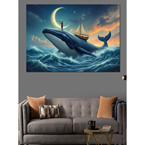 Ay Işığında Balina Ve Gemi Dekoratif Kanvas - Mdf Ahşap Tablo 70x100 cm