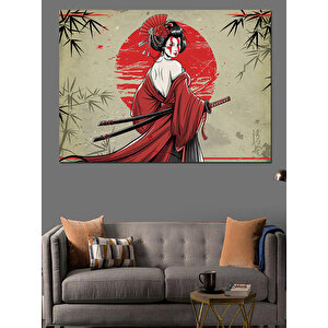 Kırmızı Güneş Ve Samuray Kadın Dekoratif Kanvas - Mdf Ahşap Tablo 35x50 cm