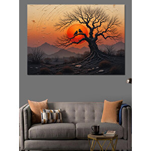 Kırmızı Güneşli Ağaç Manzarası Dekoratif Kanvas - Mdf Ahşap Tablo 25x35 cm