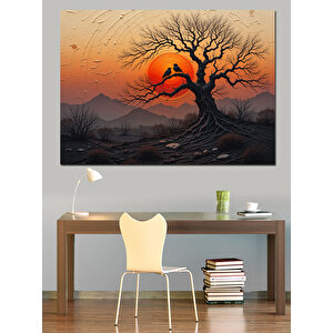 Kırmızı Güneşli Ağaç Manzarası Dekoratif Kanvas - Mdf Ahşap Tablo 25x35 cm