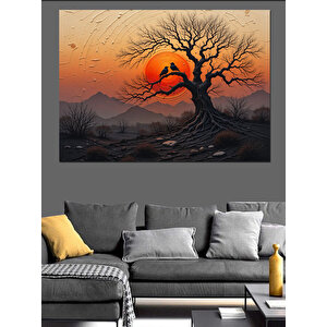 Kırmızı Güneşli Ağaç Manzarası Dekoratif Kanvas - Mdf Ahşap Tablo 25x35 cm