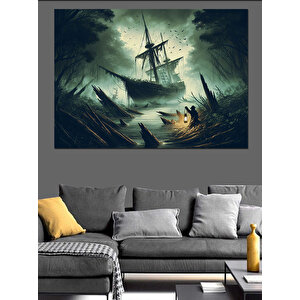 Korsan Gemisi Fırtınada Dekoratif Kanvas - Mdf Ahşap Tablo