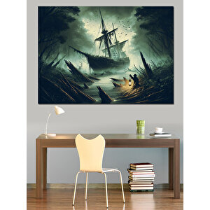 Korsan Gemisi Fırtınada Dekoratif Kanvas - Mdf Ahşap Tablo